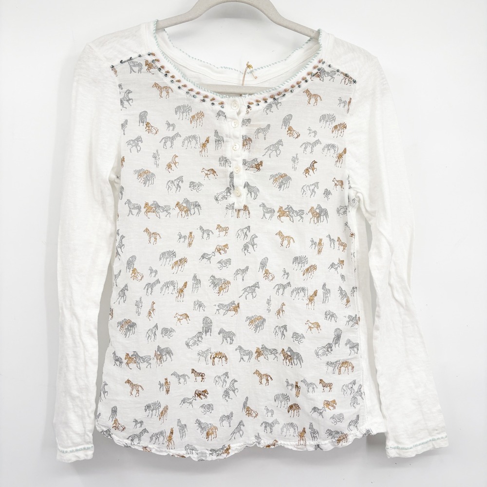 Dolma Womens Metallic Zebra Animal Print Boho Henley Beaded Long Sleeve Top M
